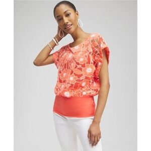 Chicos Womens 0 Trim Banded Hem Top SMall Orange FLoral‎ Sheer to tank